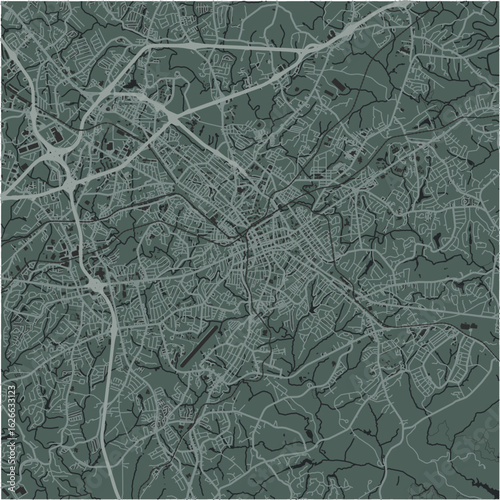 Map of Spartanburg in South Carolina in a smooth dark style. Contains layered vector with roads water, parks, etc.