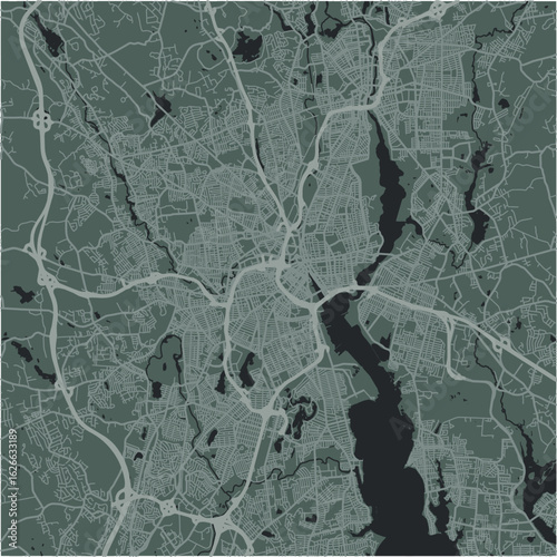 Map of Providence in Rhode Island in a smooth dark style. Contains layered vector with roads water, parks, etc.