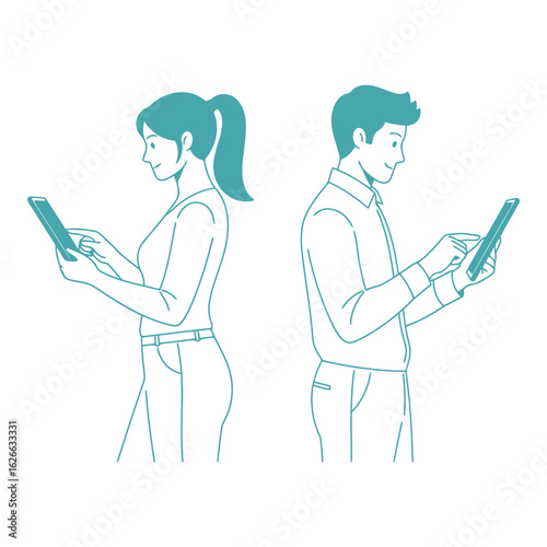 Vector vector art of couple using phones back to back isolated on white background