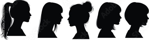 Silhouette of five stylish women, side profile vector, showcasing diverse hairstyles, modern fashion, graphic art, beauty design concept