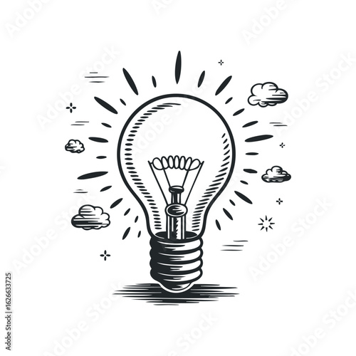 Lightbulb with Clouds and Radiating Lines on White Background