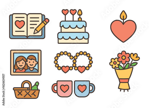 Relationship Traditions Icons. Flat vector mini-illustrations Relationship rituals and traditions in colors