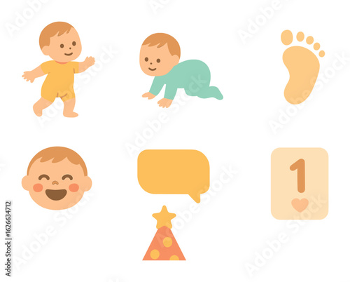 Baby Milestones Icons. Flat vector mini-illustrations Baby milestones journal in colors children's