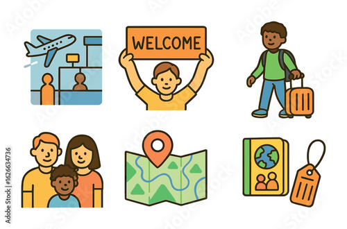 Student Arrival Icons. Flat vector mini-illustrations International student arrival in colors children's