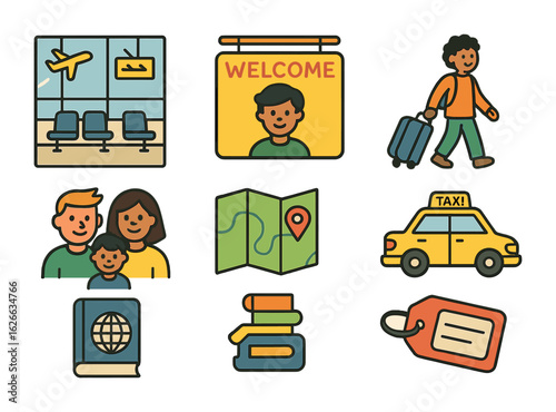 Student Arrival Icons. Flat vector mini-illustrations International student arrival in colors children's