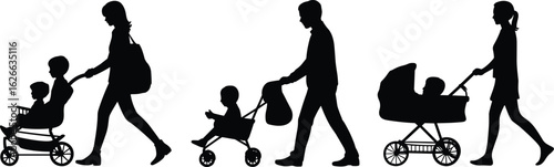 Silhouette of parents walking with children in strollers, family outing, parenting, childcare, black and white vector illustration