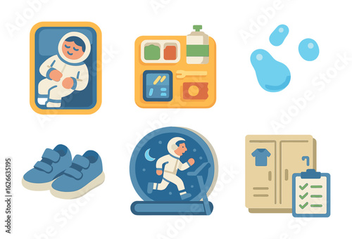 Space Station Life Icons. Flat vector mini-illustrations Space station life in colors children's illustrations