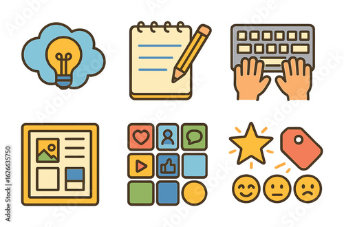Creative Icons Grid. Flat vector mini-illustrations writing social content ideas in colors children's