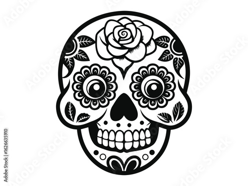 Sugar skull with decorative pattern and a wreath of red roses. Stock line vector illustration. Outline hand drawing coloring page for an adult coloring book