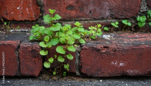 Green plants sprout between weathered brick