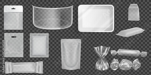 Plastic Packages Transparent Wrap Set Vector. Empty Food Product Polyethylene Package Mock Up Template. Realistic Nylon Pack Packaging Branding Design Illustration