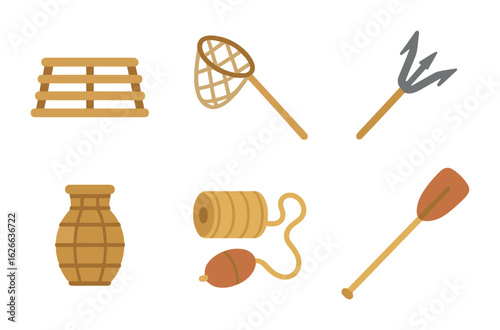 Artisanal Fishery Tools. Flat vector mini-illustrations artisanal fishery tools in colors children's
