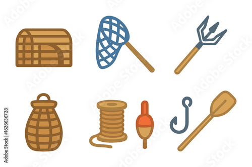 Artisanal Fishery Tools. Flat vector mini-illustrations artisanal fishery tools in colors children's