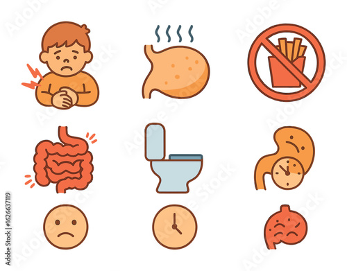 Digestive Health Icons. Flat vector mini-illustrations digestive problems in colors children's illustrations: