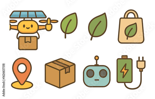 Eco-Friendly Drone Delivery. Flat vector mini-illustrations eco-friendly drone deliveries in colors children's