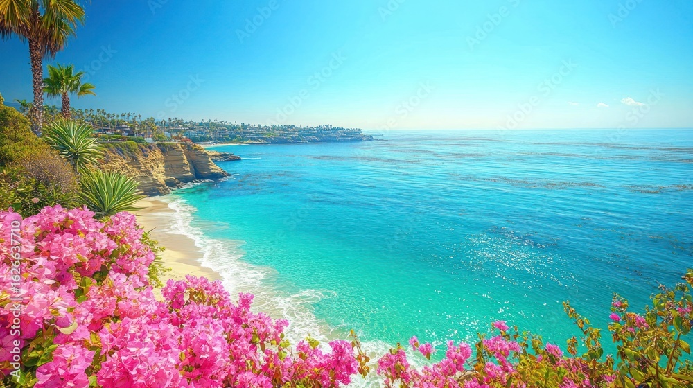 Fototapeta premium Coastal paradise. Pink flowers frame a pristine beach