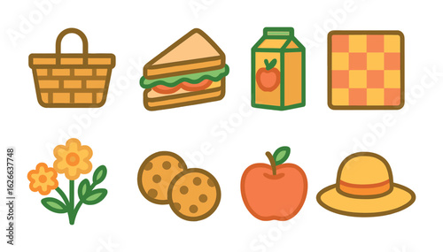 Children's Picnic Icons. Flat vector mini-illustrations picnic under trees in colors children's illustrations: