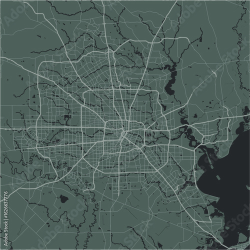 Map of Houston Metro in Texas in a smooth dark style. Contains layered vector with roads water, parks, etc.