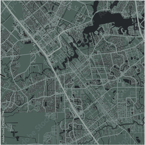 Map of League City in Texas in a smooth dark style. Contains layered vector with roads water, parks, etc.