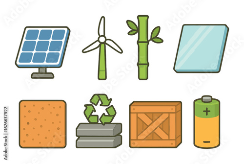 Kids' Eco-Energy Icons. Flat vector mini-illustrations alternative energy materials in colors children's