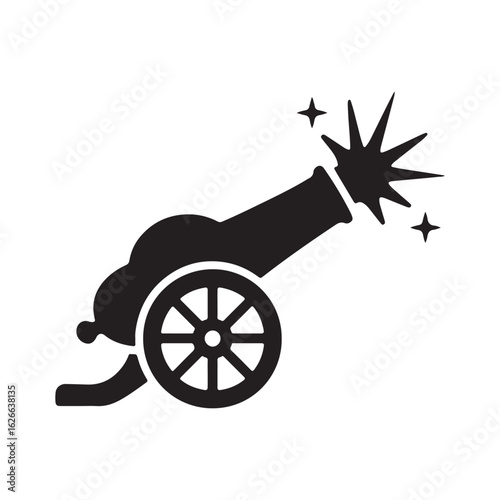 Firing Cannon Silhouette Icon – Exploding Artillery Vector Isolated on White

