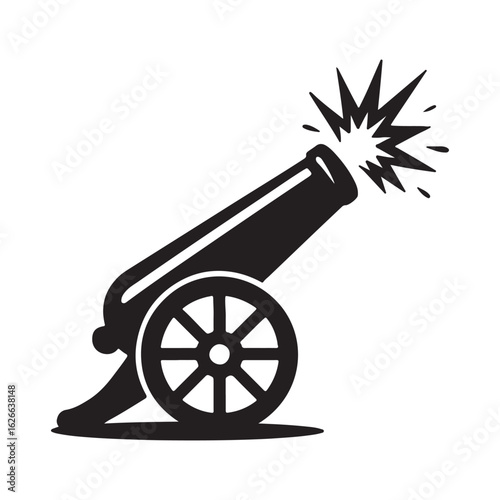 Firing Cannon Silhouette Icon – Exploding Artillery Vector Isolated on White

