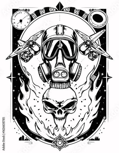 Illustration of a gas mask atop a skull with planes, flames, and a clock in a detailed design