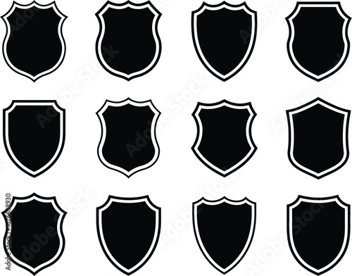 Set of Black and White Shield Icons with Various Shapes - Security, Protection, and Heraldry Vector Collection