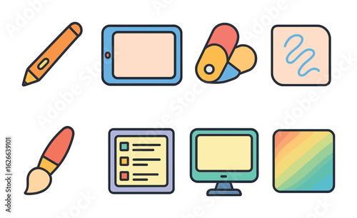 Digital Art Tools. Flat vector mini-illustrations creative digital art in colors children's illustrations: