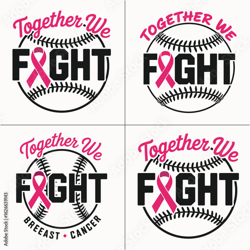 Together We Fight Breast Cancer Awareness Design with Baseball, Pink Ribbon, and Motivational Message for Support in Sports Events, Fundraisers, and Team Spirit Campaigns - Advocating for Cancer Aware