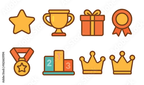 Children's Reward Icons. Flat vector mini-illustrations recognition and rewards in colors children's