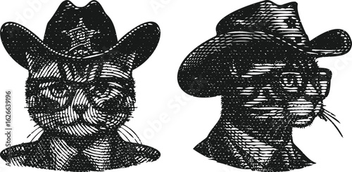  Cat dressed as sheriff wearing glasses and cowboy hat lined monochrome engraving bundle design