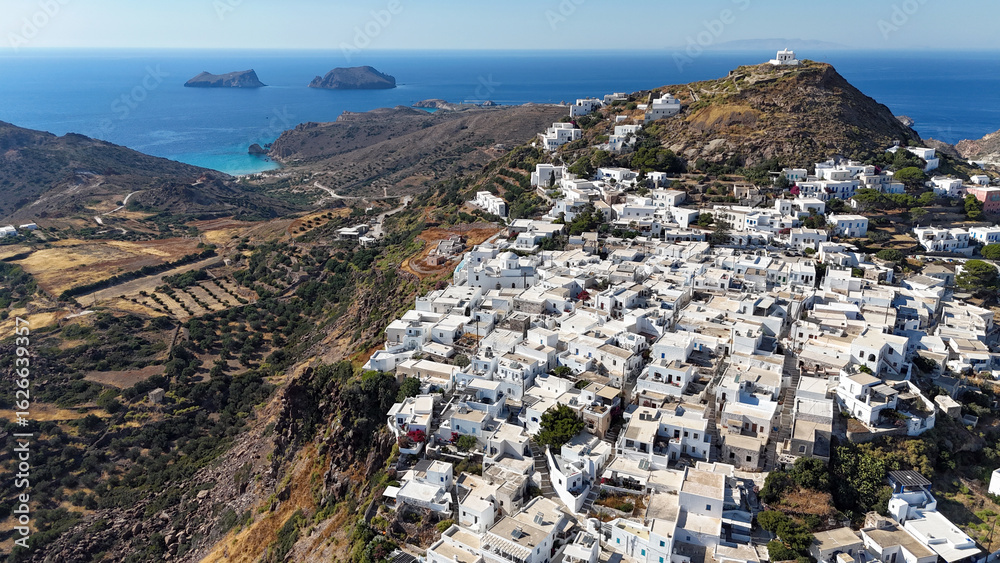 Naklejka premium Aerial view of Plaka Village, Milos Island, Greece