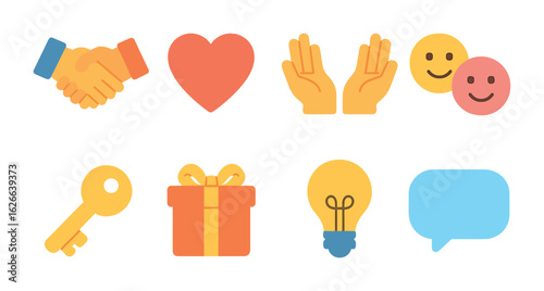 Trust Building Icons. Flat vector mini-illustrations building trust in relationships in colors children's