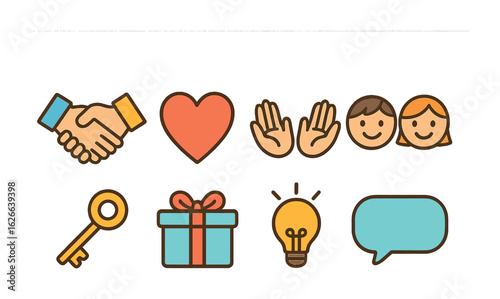 Trust Building Icons. Flat vector mini-illustrations building trust in relationships in colors children's