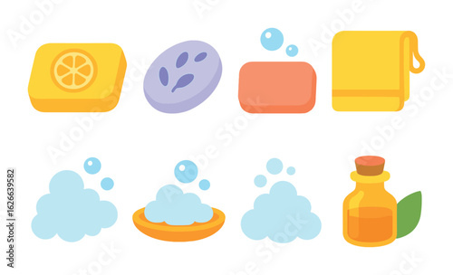 Colorful Soap Illustrations. Flat vector mini-illustrations fresh fragrance soaps in colors children's