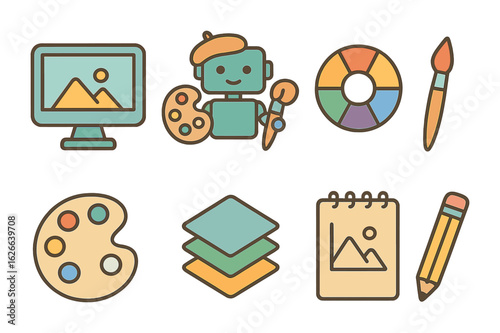 Artistic Tech Icons. Flat vector mini-illustrations blending technology and art in colors children's