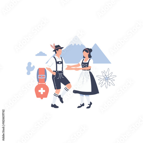 Swiss couple in traditional attire dancing with mountains and floral elements