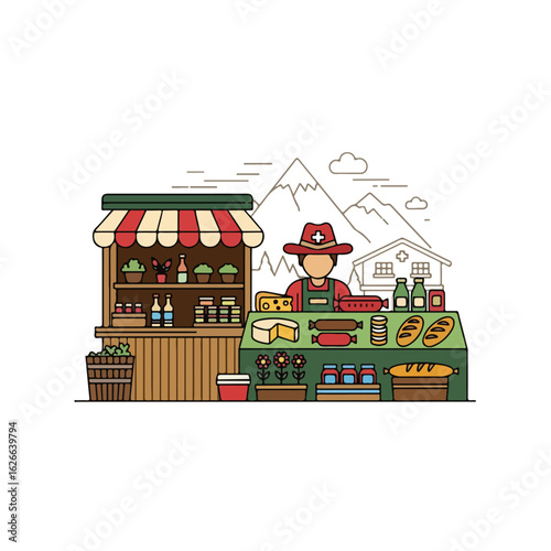 Swiss market vendor selling local food and produce against the background of the mountains