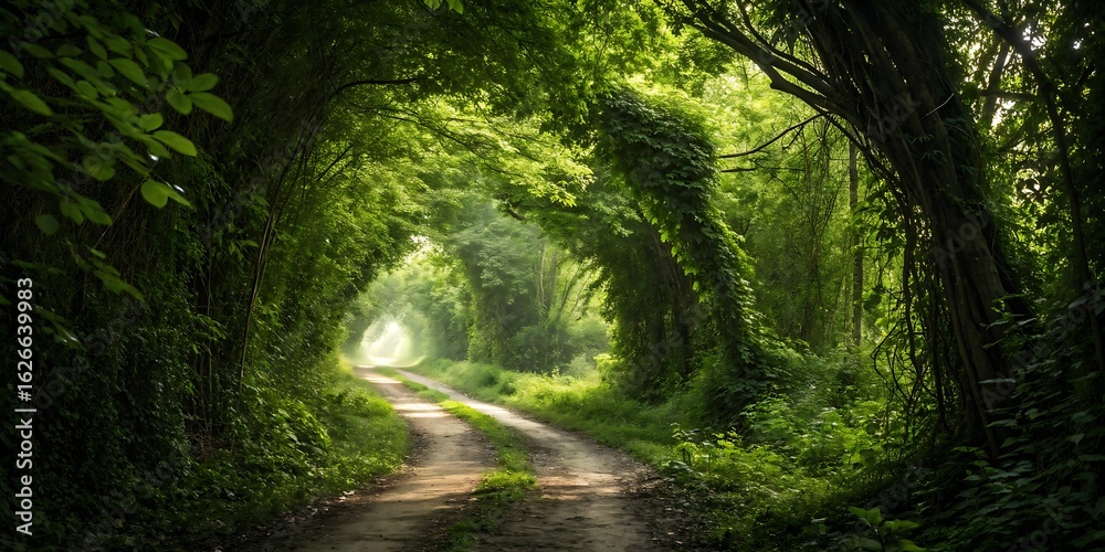 Obraz premium Sunlit dirt road winding through a lush green forest tunnel with dense foliage and dappled sunlight creating a magical and serene natural pathway