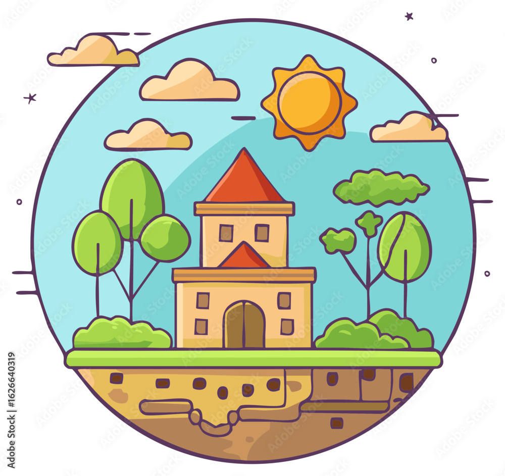 Obraz premium Cartoon castle landscape with trees, sun, clouds, and earth, inside a circle