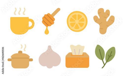 Soothing Remedies Icons. Flat vector mini-illustrations warm soothing remedies in colors children's