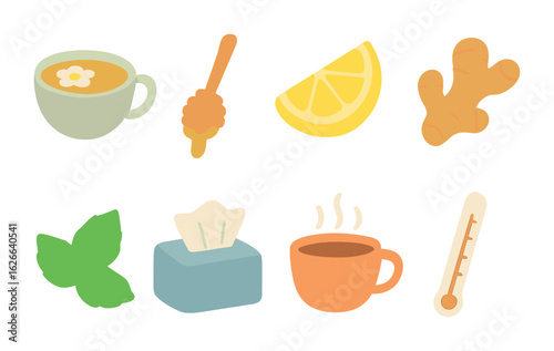 Herbal Tea Icons. Flat vector mini-illustrations warm herbal infusions in colors children's illustrations: