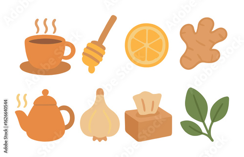 Soothing Remedies Icons. Flat vector mini-illustrations warm soothing remedies in colors children's
