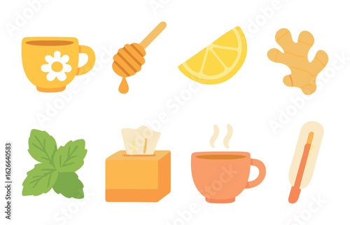 Herbal Tea Icons. Flat vector mini-illustrations warm herbal infusions in colors children's illustrations: