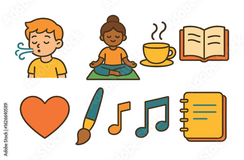 Mindfulness Activities Grid. Flat vector mini-illustrations mindfulness activities in colors children's