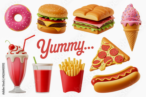 Photorealistic Fast Food Feast with Donut, Burger, Pizza, and More (1)
