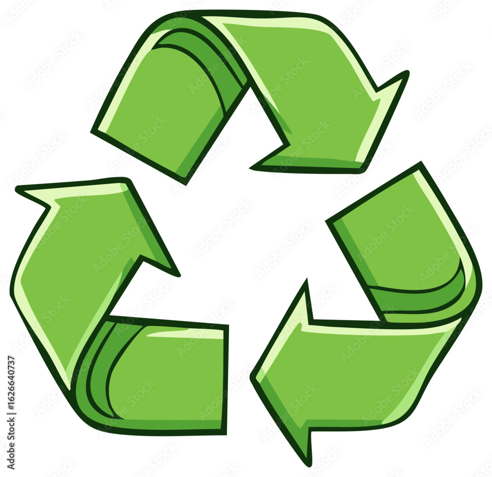 Fototapeta premium Green recycling symbol with triangular arrows pointing in a loop, environment concept, cartoon illustration