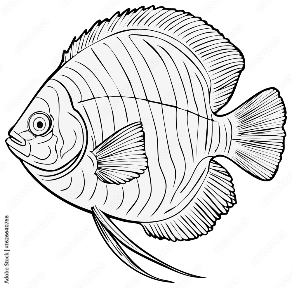 Fototapeta premium Angelfish outline illustration. Detailed sea animal drawing in grayscale.
