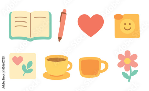 Creative Health Journaling. Flat vector mini-illustrations creative journaling for health in colors children's